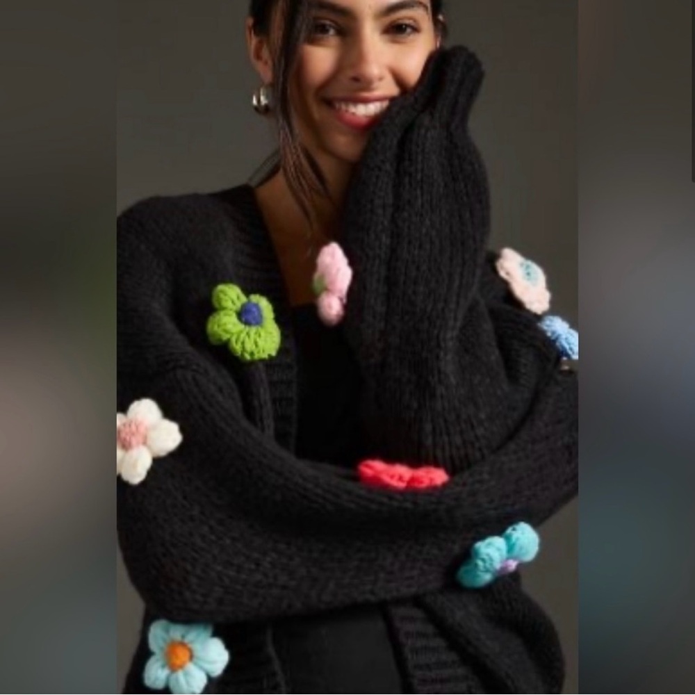 3D Floral Embellished Black Knit Cardigan